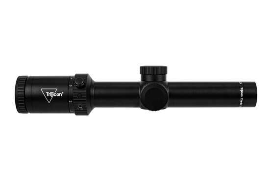 Trijicon 1-6x24mm Credo HX rifle scope features a 30mm tube and capped turrets with green illuminated .223 BDC Hunter reticle.
